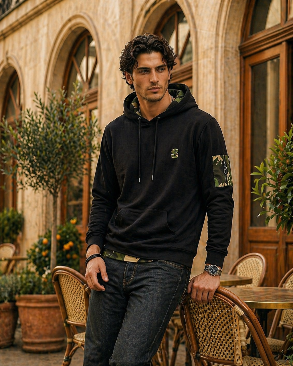Black Camouflage Cotton hooded t-shirt