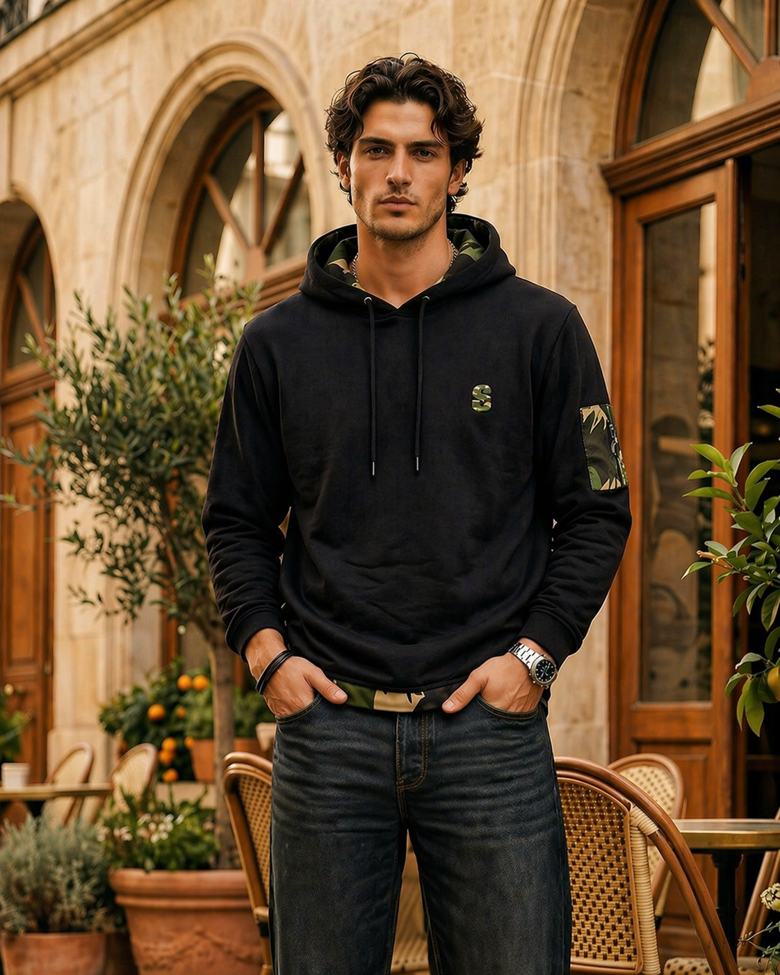 Black Camouflage Cotton hooded t-shirt